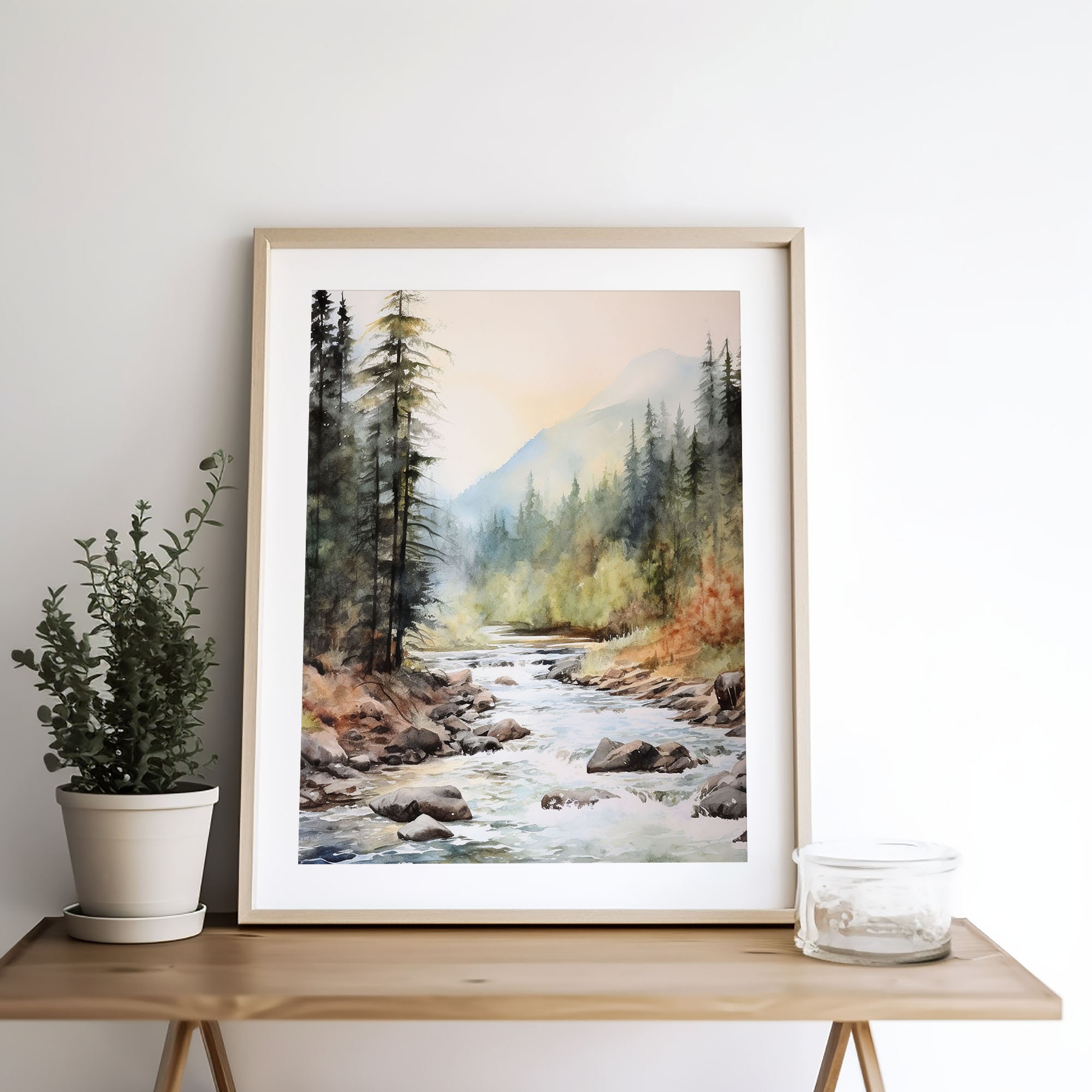 サーモン川アートプリント 山川水彩画 アイダホ風景 ウォールアート