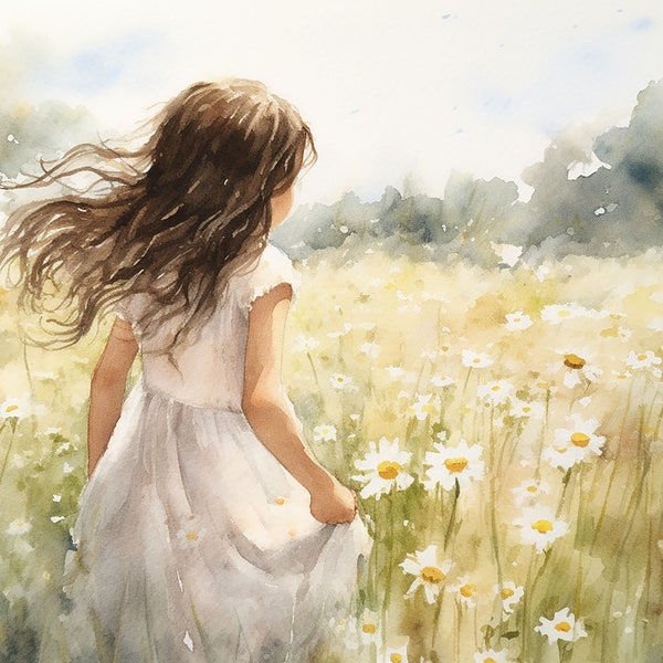 Daisy Field Painting Girl Wall Art Wildseed Farms Watercolor Art Print Texas Wildflowers Print Floral Landscape Artwork