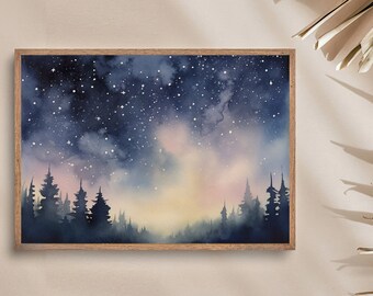 天の川の絵画 星空の夜 水彩画 松林 壁アート 夜景アートワーク