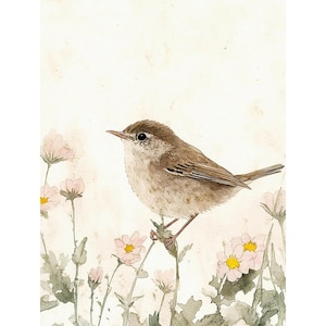 Winterkoninkje schilderij pastel vogel kunst winterkoninkje vogel aquarel kunst print wilde bloemen Fine Art Print kinderkamer decor