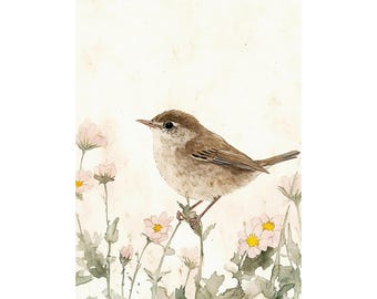 Wren Painting Pastel Bird Art Wren Bird Watercolor Art Print Wildflower Fine Art Print Kids Room Decor