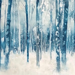 Blau Wald Druck Monochrome verschneite Bäume Aquarell Malerei Winterwald Landschaft Wand Kunst Minimalist Poster