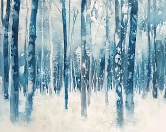 Blue Forest Monochrome Snowy Trees Watercolor Landscape Art Print on Paper Winter Wall Art