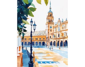 Impression d'art de Séville, Espagne, paysage urbain, aquarelle, art mural de la place d'Espagne, cadeau de voyage, impression d'Europe