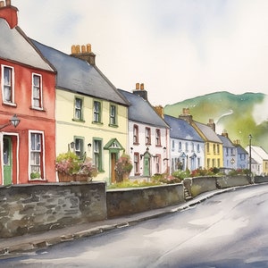 Dingle, tableau Irlande, impression d'art, ville irlandaise, aquarelle, paysage urbain, art mural, cottage irlandais, oeuvre d'art, décoration murale rustique