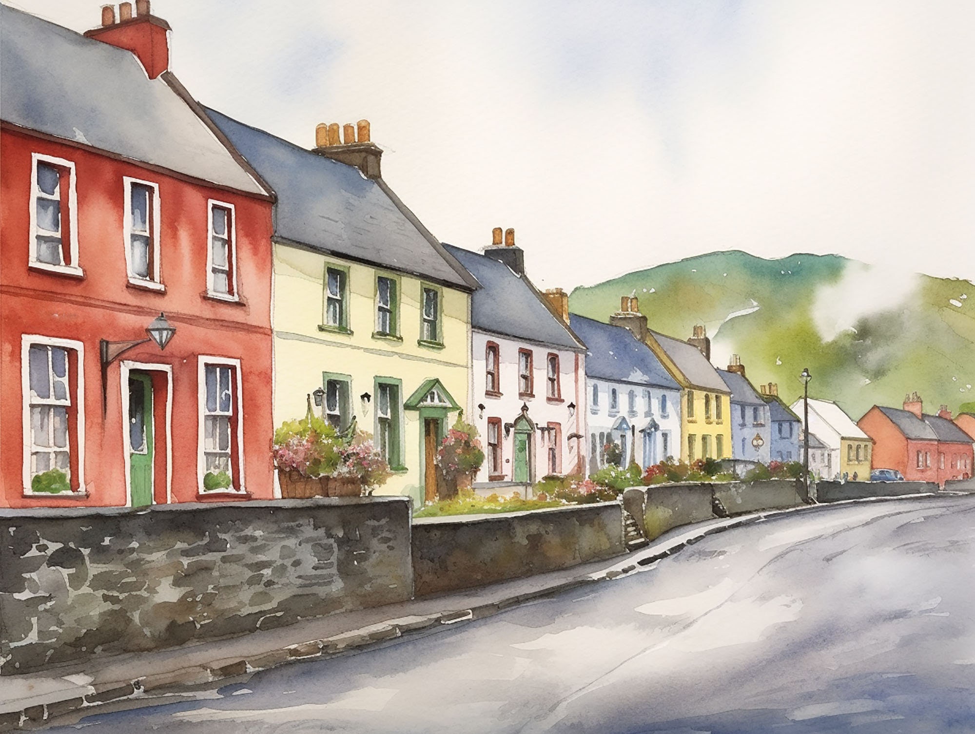 Dingle Painting Ireland Art Print Irish Town Watercolor Cityscape Wall Art Irish Cottage Artwork Rustic Wall Decor