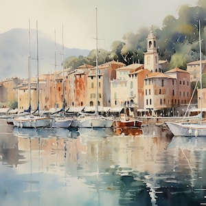Portofino schilderij Italië aquarel Art Print Cinque Terre Wall Art Italiaanse stadsgezicht Wall Art zeilboot artwork