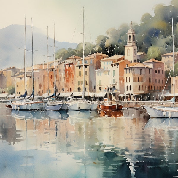 Portofino Painting Italy Watercolor Art Print Cinque Terre Wall Art Italian Cityscape Wall Art Sailboat Artwork