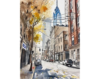 May include: A watercolor painting of a city street scene with tall buildings, a tree with yellow leaves, and cars parked on the side of the street.