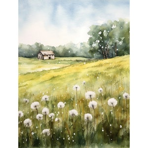 Dandelion Watercolor Painting Fields of Flowers Print Summer Landscape Wall Art Green Forest Artwork