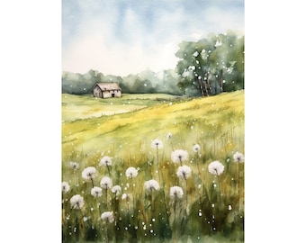 Dandelion Watercolor Painting Fields of Flowers Print Summer Landscape Wall Art Green Forest Artwork