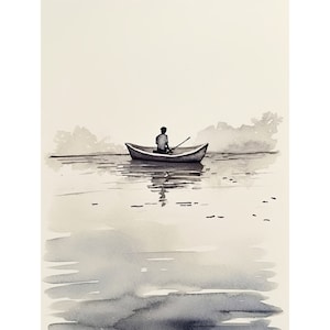 Fisherman Painting Watercolor Lake Superior Art Print Row Boat Wall Art Neutral Blue Poster Fishing Lake House Decor