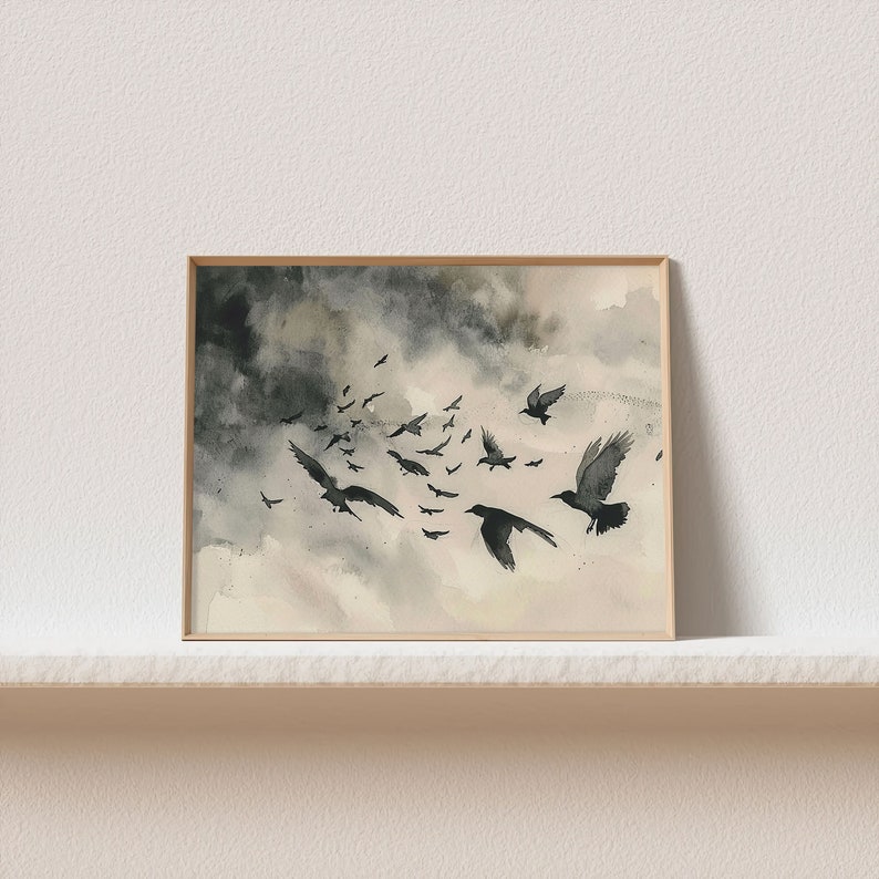 Raven Painting Bird Watercolor Art Print Stormy Grey Sky Wall Art Flying Crows Art Clouds Poster Flock Of Ravens Artwork image 5