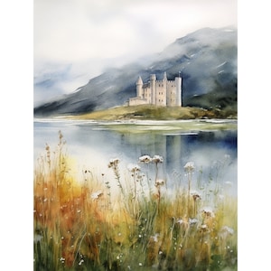 Scottish Castle Landscape Art Print Scotland Watercolor Kilchurn Castle Wall Art Wildflowers Poster