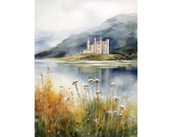Scottish Castle Landscape Art Print Scotland Watercolor Kilchurn Castle Wall Art Wildflowers Poster