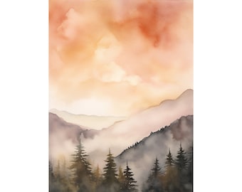 May include: A watercolor painting of a misty mountain landscape with a soft orange and pink sky. The mountains are covered in fog and there are a few trees in the foreground.