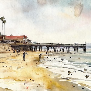 Capitola Beach Watercolor Print California Beach Painting Coastal Wall Art Seascape Print Palm Trees Art
