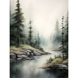 Lochsa Fluss Malerei Idaho Aquarell Kunstdruck Wald Fluss Wand Kunst Nebliger Kiefernbaum Druck Evergreen Poster Natur Kunstwerk