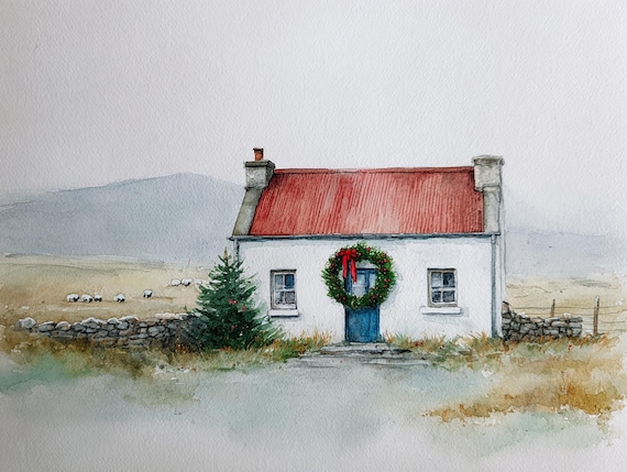 Irish Christmas Cottage Watercolor Print Red Roof Farmhouse Holiday Wall Art on Paper Landscape Painting