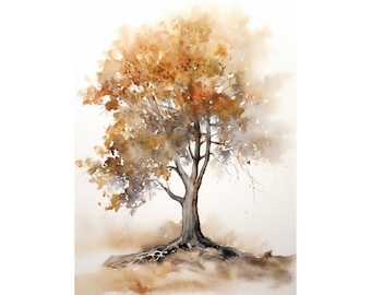 Oak Print Fall Tree Watercolor Painting Autumn Color Wall Art Neutral Oak Tree Fine Art Print