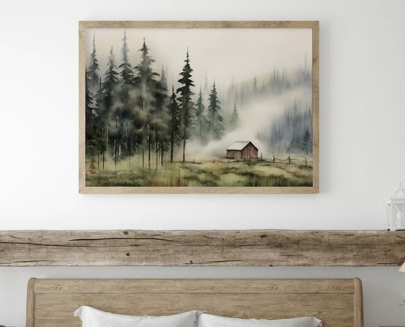 Cabin Painting Pine Forest Watercolor Art Print Idaho Landscape Large Log Cabin Wall Art image 3