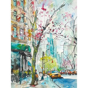 Manhattan Gemälde NYC Aquarell Kunstdruck Straßenszene Kunst Stadtansicht Wandkunst Reiseposter Housewarming Geschenke