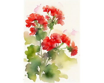 Geranium Watercolor Floral Art Print Red Flowers Botanical Wall Art Farmhouse Wall Decor Rustic Flower Poster