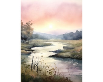 Yellowstone River Painting Forest River Watercolor Art Print Neutral Green Pink Sunrise Landscape Wall Art