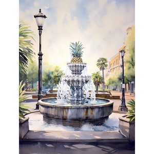 Pineapple Fountain Print Charleston Wall Art SC Painting Cityscape Watercolor Art South Carolina Poster