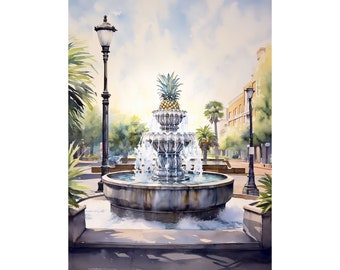 Pineapple Fountain Print Charleston Wall Art SC Painting Cityscape Watercolor Art South Carolina Poster