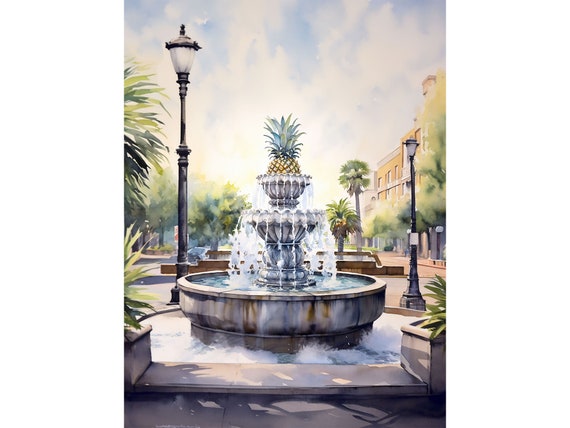 Pineapple Fountain Print Charleston Wall Art SC Painting Cityscape Watercolor Art South Carolina Poster