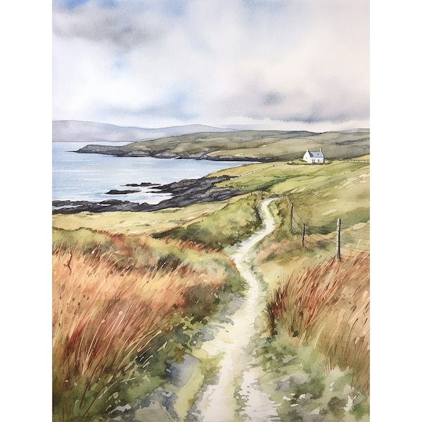 Wild Atlantic Way Painting Ireland Print Irish Coastal Cottage Wall Art Landscape Watercolor Coastline Artwork
