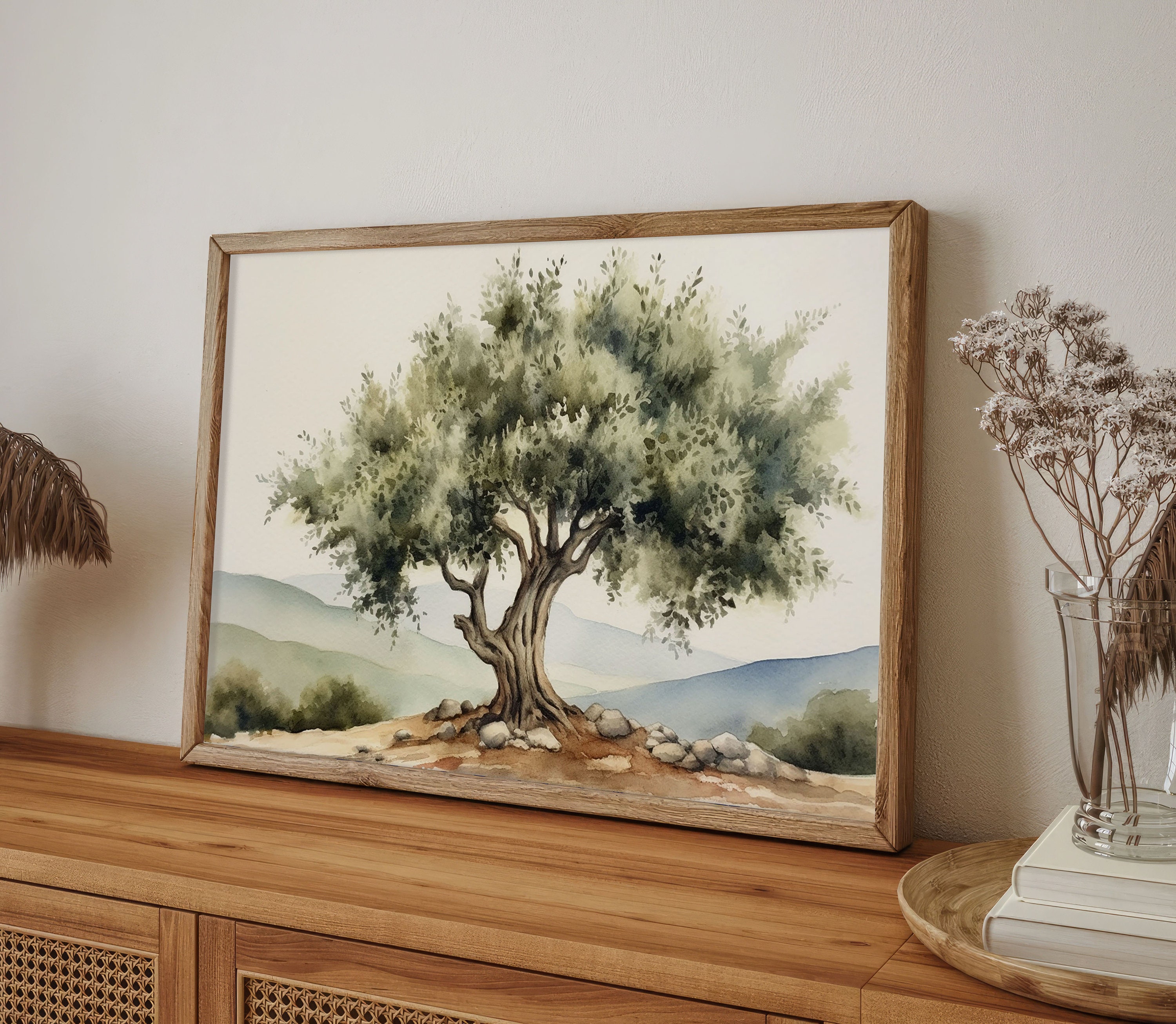 サンタ・イネスの絵画 オリーブの木 水彩画 カリフォルニアの風景画