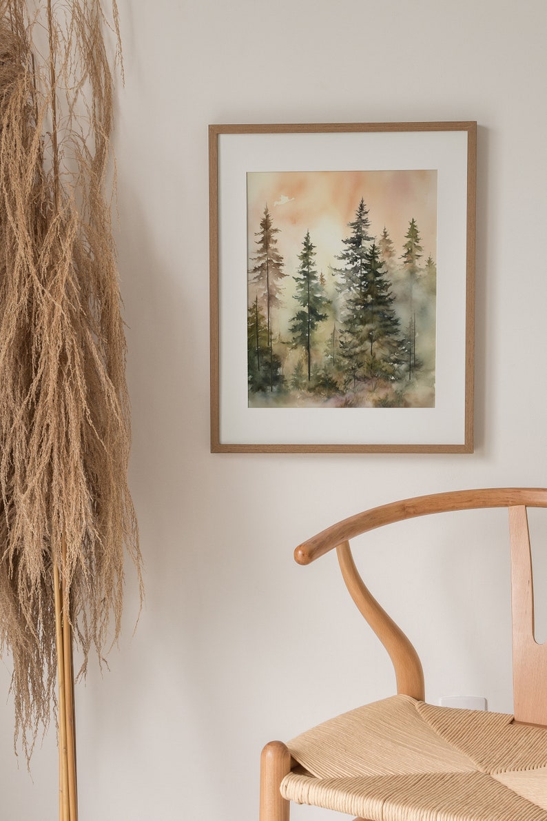 Pine Trees Watercolor Evergreen Art Print Foggy Forest Landscape Wall ...