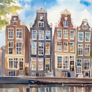 アムステルダムの絵画 オランダの運河沿いの家 水彩画 アートプリント 都市景観プリント オランダのイラスト 旅行ポスター