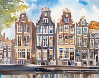 Amsterdam Painting Dutch Canal Houses Watercolor Art Print Cityscape Print Netherlands Illustration Travel Poster