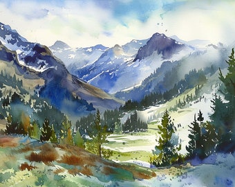 Impression d'art aquarelle des montagnes Rocheuses du Wyoming, art mural pins, art du paysage de la forêt sempervirente, oeuvre de randonnée, impression du parc national des États-Unis