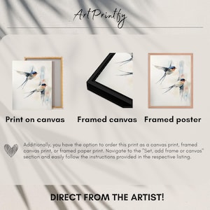 May include: Three different framing options for a watercolor painting of two swallows in flight. The painting is on a white background with a light blue wash. The options are print on canvas, framed canvas, and framed poster.