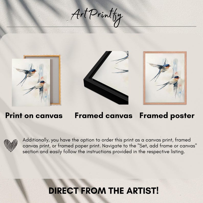 May include: Three different framing options for a watercolor painting of two swallows in flight. The painting is on a white background with a light blue wash. The options are print on canvas, framed canvas, and framed poster.