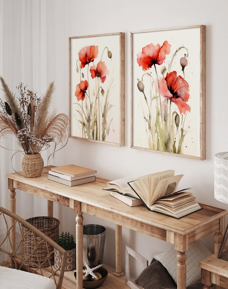 Poppy Prints Set of 2 Floral Watercolor Painting Red Poppies Wall Art ...