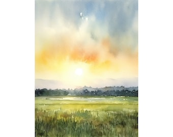 Lowcountry Marsh Sunset Watercolor Print On Paper Coastal Wetland Landscape Warm Sky Minimalist Wall Art