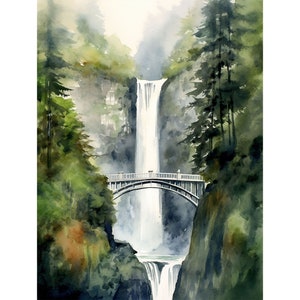Multnomah Falls Painting Columbia River Gorge Watercolor Art Pine Forest Print Oregon Landscape Art Waterfall Bridge Artwork