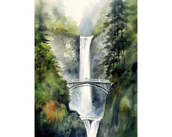 Multnomah Falls Painting Columbia River Gorge Watercolor Art Pine Forest Print Oregon Landscape Art Waterfall Bridge Artwork