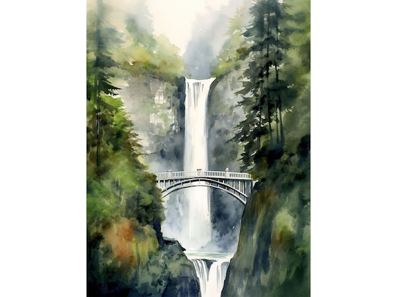 マルトノマ滝の絵画 コロンビア川渓谷の水彩画 松林のプリント