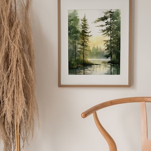Forest Lake Watercolor Art Acadia Painting Eagle Lake Art Print Abstract Landscape Pine Forest Wall Art Log House Decor image 7
