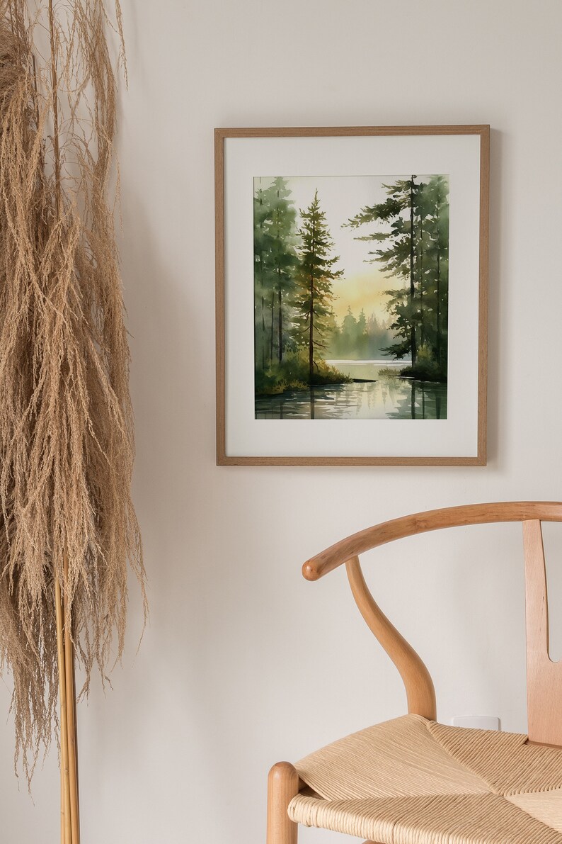 Forest Lake Watercolor Art Acadia Painting Eagle Lake Art Print Abstract Landscape Pine Forest Wall Art Log House Decor image 7