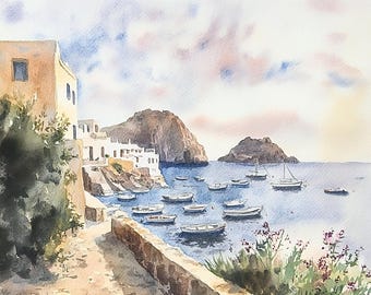 シチリア島の絵画 パナレア島の水彩画 アートプリント イタリア海岸の