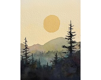 Appalachian Mountains Painting Misty Pine Trees Watercolor Art Print Evergreen Forest Wall Art Minimalist Poster