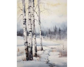 Puede incluir: Una pintura de acuarela de una escena de invierno nevada con tres abedules en primer plano y un bosque en el fondo. Los árboles son blancos con marcas negras y la nieve es de un gris claro. Un pequeño arroyo serpentea a través de la nieve.