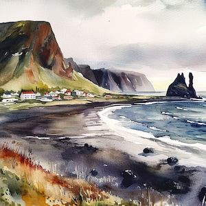 ヴィークの町の絵画 アイスランド 水彩画 アートプリント 南海岸の風景 壁画 沿岸アートワーク 山のアート 旅行ポスター